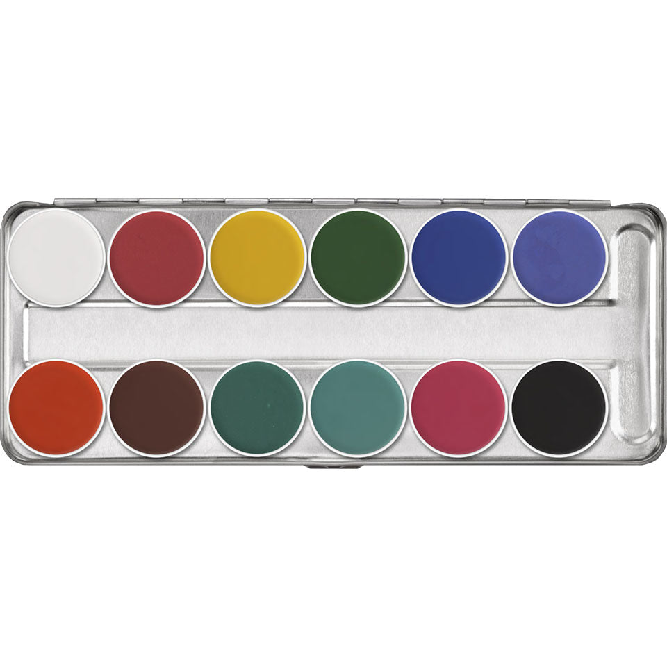 KRYOLAN Aquacolor Palette 12 Farben FP2 – Kompaktschminke für Gesicht und Körpe, 40ml, Palette offen