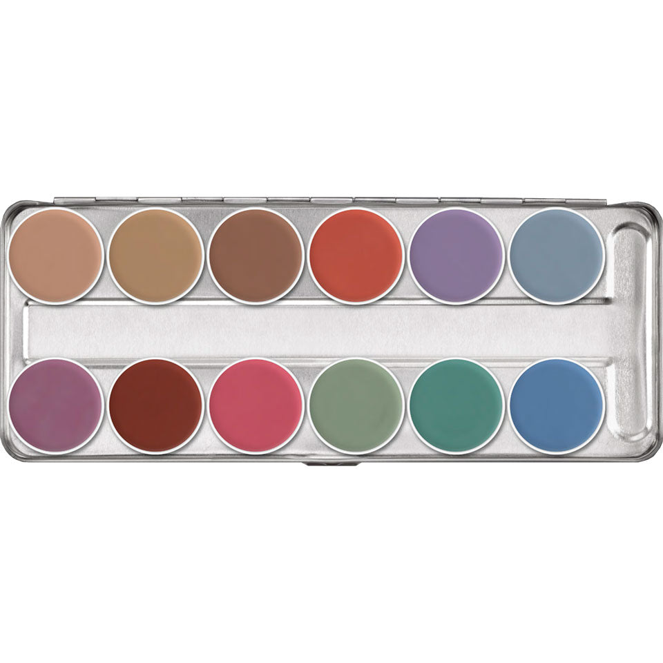 KRYOLAN Aquacolor Palette 12 Farben P – Kompaktschminke für Gesicht und Körpe, 40ml, Palette offen