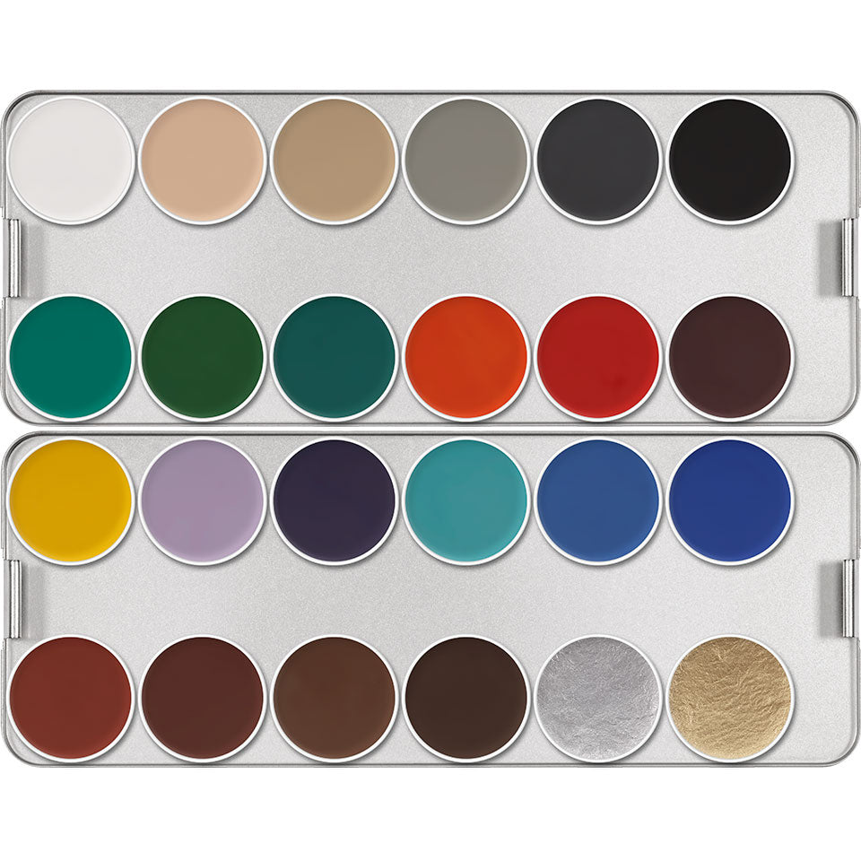 KRYOLAN Aquacolor Palette 24 Farben – Hochpigmentierte, fettfreie Kompaktschminke für Gesicht & Körper, 80ml, Palette offen