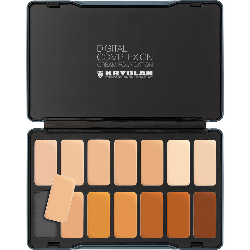KRYOLAN Digital Complexion Cream Foundation Palette 14 Farben - digital 3 – Aufbaubare Deckkraft, glättendes Finish & nachhaltiges Design, 24,5g, Palette offen und Farbgodet einzeln