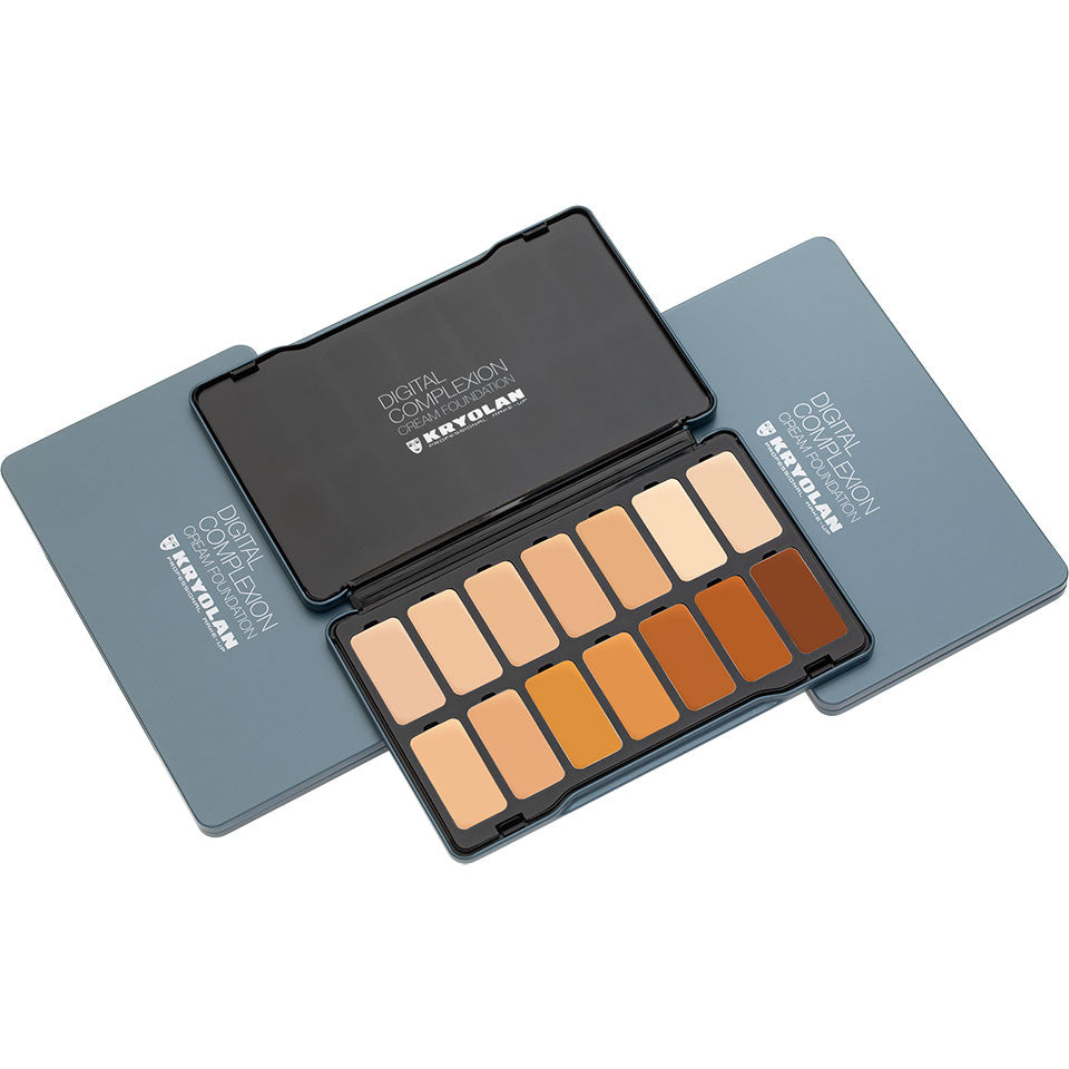 KRYOLAN Digital Complexion Cream Foundation Palette 14 Farben - digital 3 – Aufbaubare Deckkraft, glättendes Finish & nachhaltiges Design, 24,5g, Palette offen und geschlossen