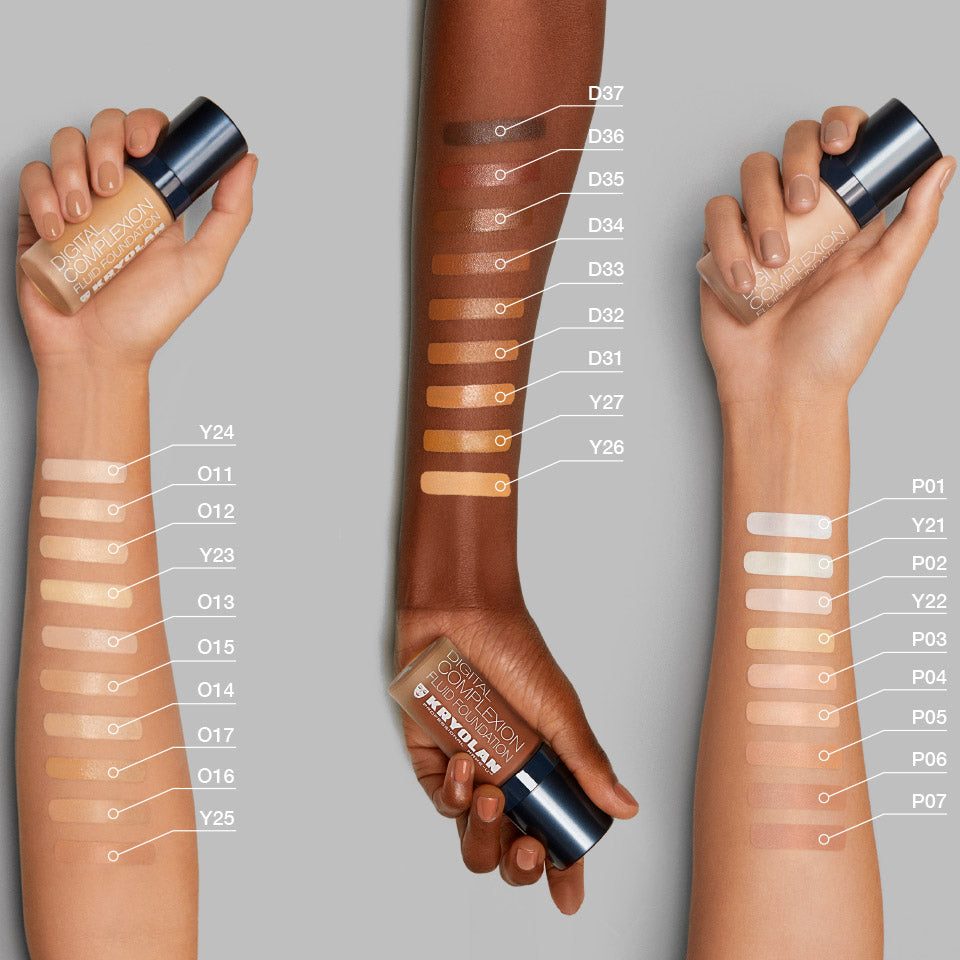 KRYOLAN Digital Complexion Fluid Foundation  – Selbstfixierendes, veganes HD-Make-up mit Airbrush-Effekt, 30ml, Swatches auf Unterarmen verschiedener Hauttypen