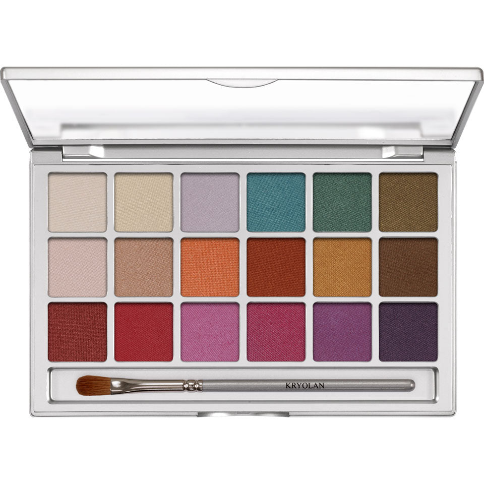 KRYOLAN Eye Shadow Variety 18 Farben V1 – Lidschattenpalette mit matten & irisierenden Nuancen, 20g, Palette offen