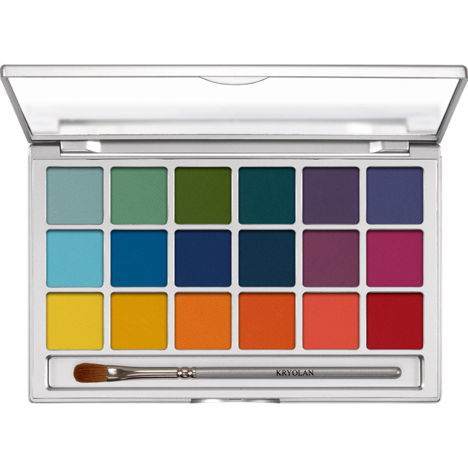 KRYOLAN Eye Shadow Variety 18 Farben V2 – Lidschattenpalette mit matten & irisierenden Nuancen, 20g, Palette offen