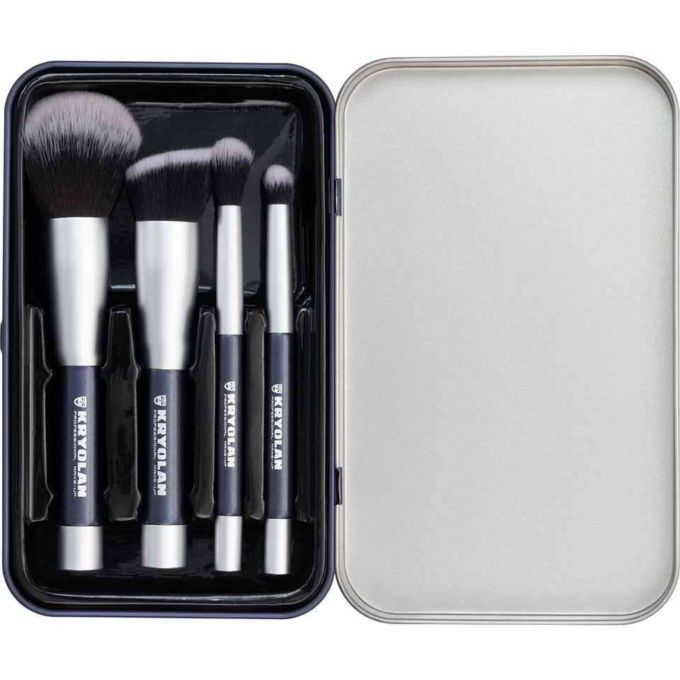 KRYOLAN Magnetic Brush Set – 4 hochwertige, vegane Pinsel mit Magnetgriff, 1stk, Aufbewahrungsdose offen mit Pinseln