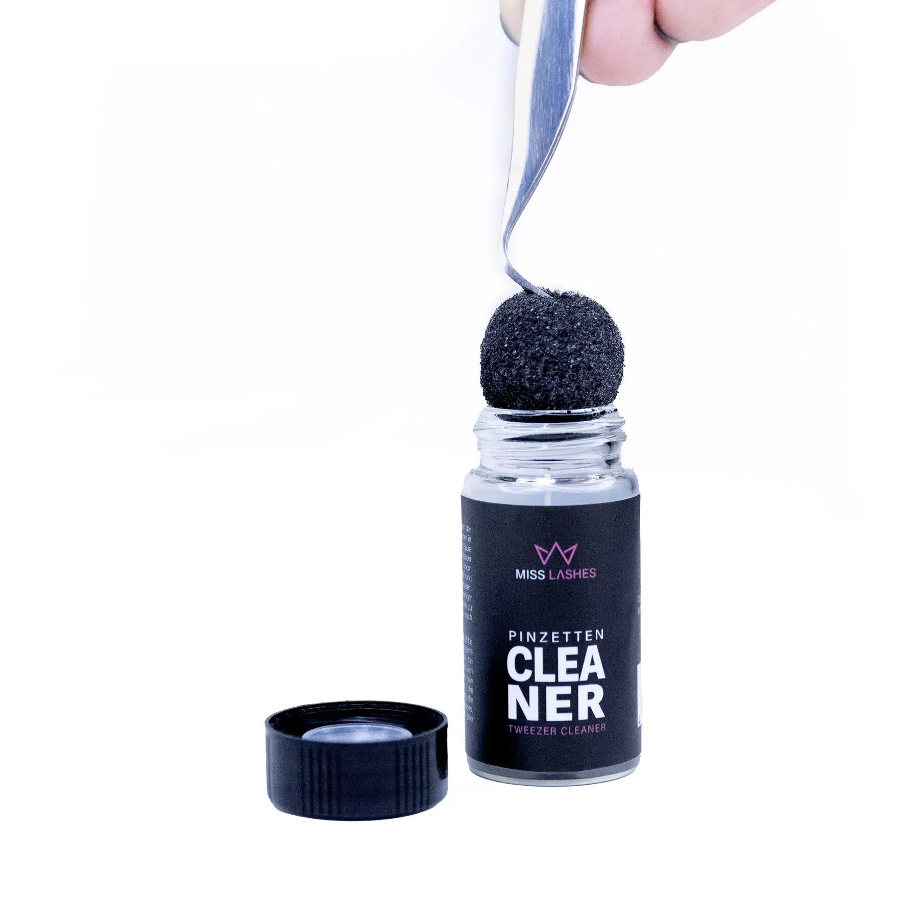 MISS LASHES Pinzetten Reiniger  – 15ml, Pinzette entnimmt Verschlussschwamm aus Schraubglas