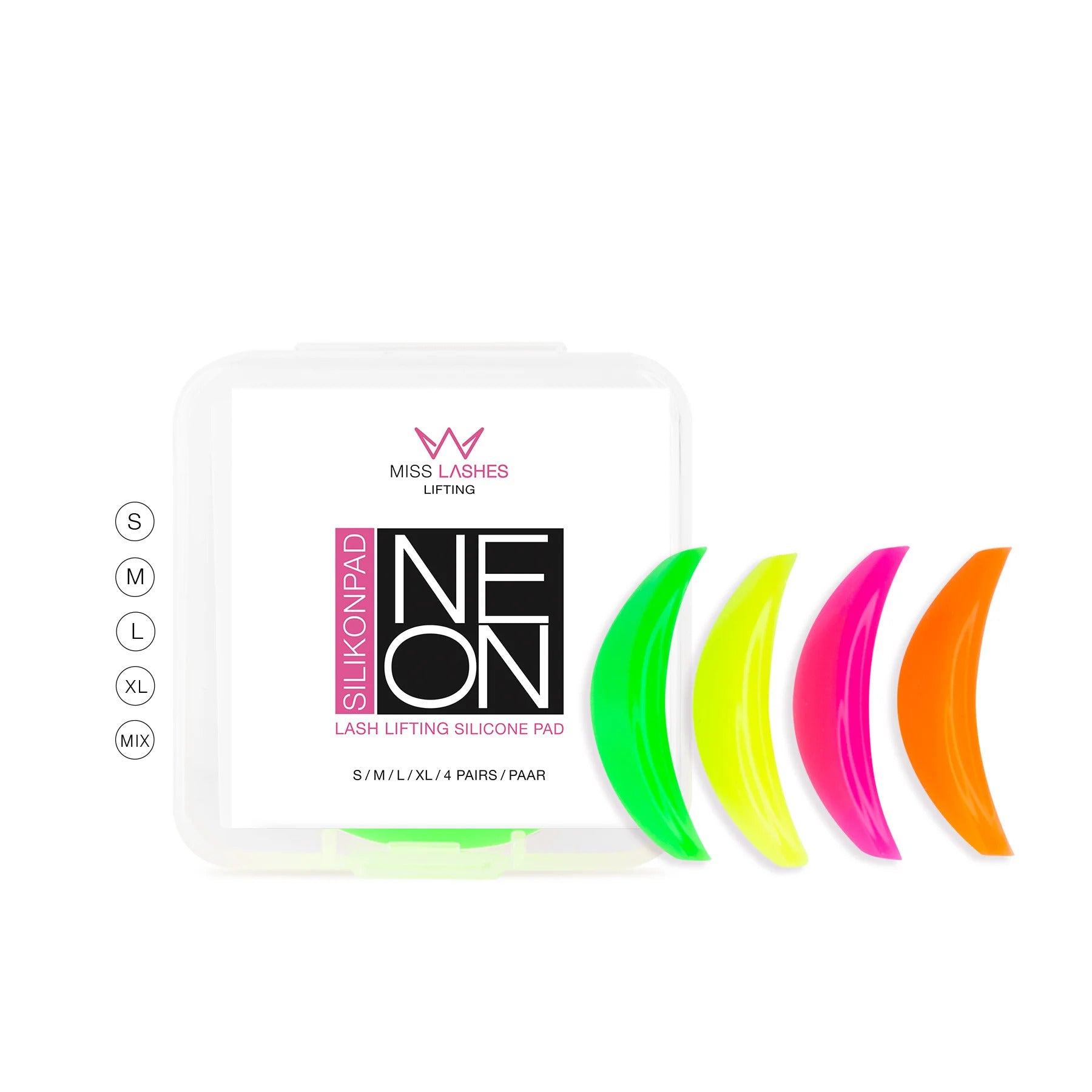 MISS LASHES Silikon Pads Neon CC-Curl  – Mixbox, 4Paar, Einzelpads und Aufbewahrungsbox