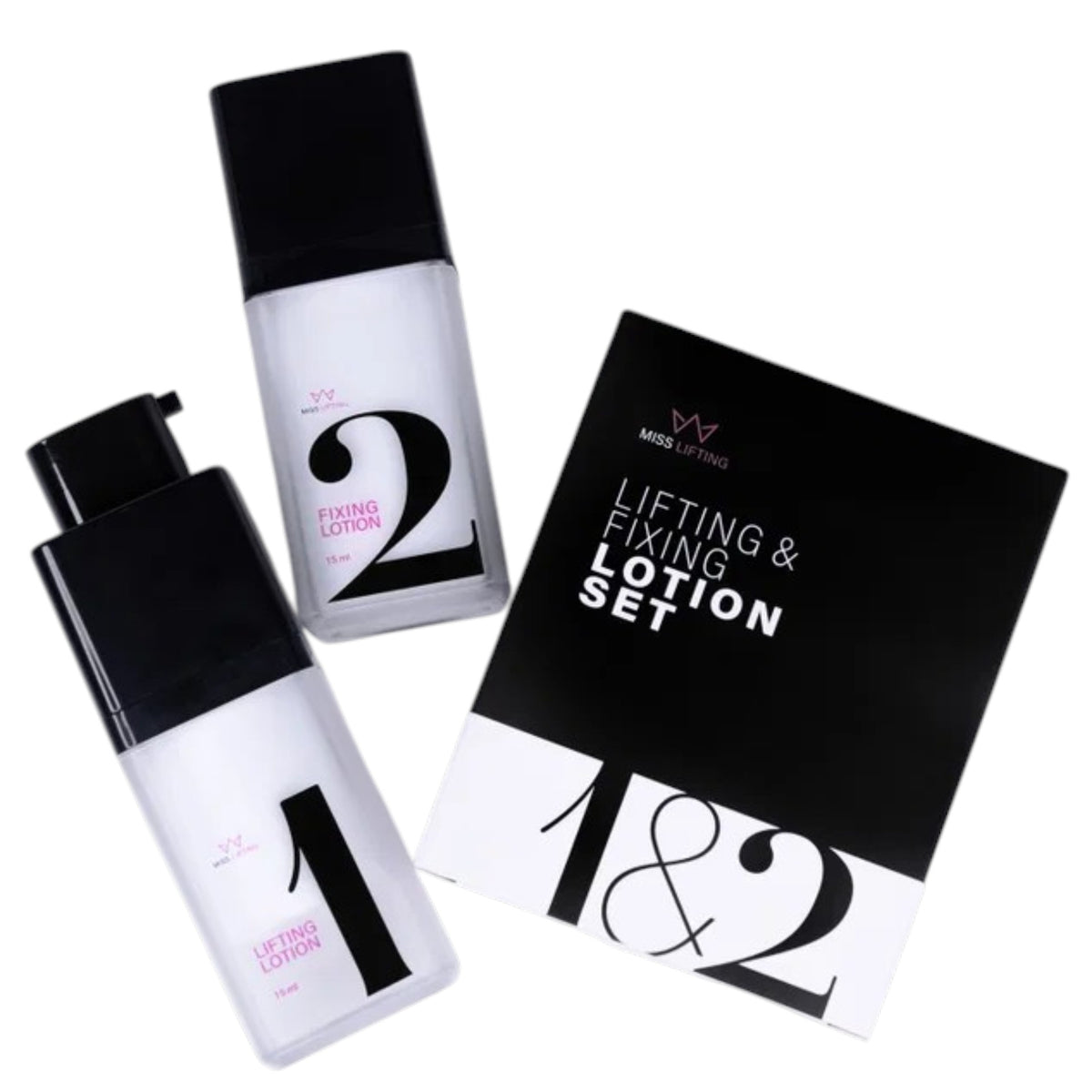 MISS LASHES Speed Lash & Brow Lifting Lotionen 1 & 2 Set – mit Re-move & Stem Cell Booster, 2x15ml, Pumspender und Umkarton liegend