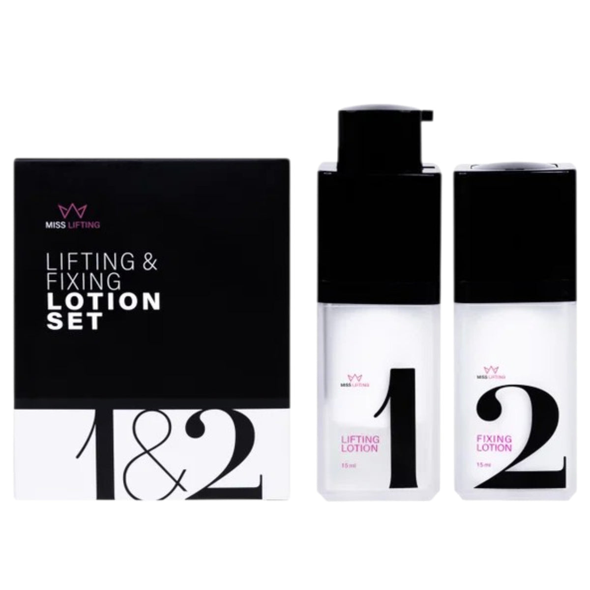 MISS LASHES Speed Lash & Brow Lifting Lotionen 1 & 2 Set – mit Re-move & Stem Cell Booster, 2x15ml, Pumspender und Umkarton