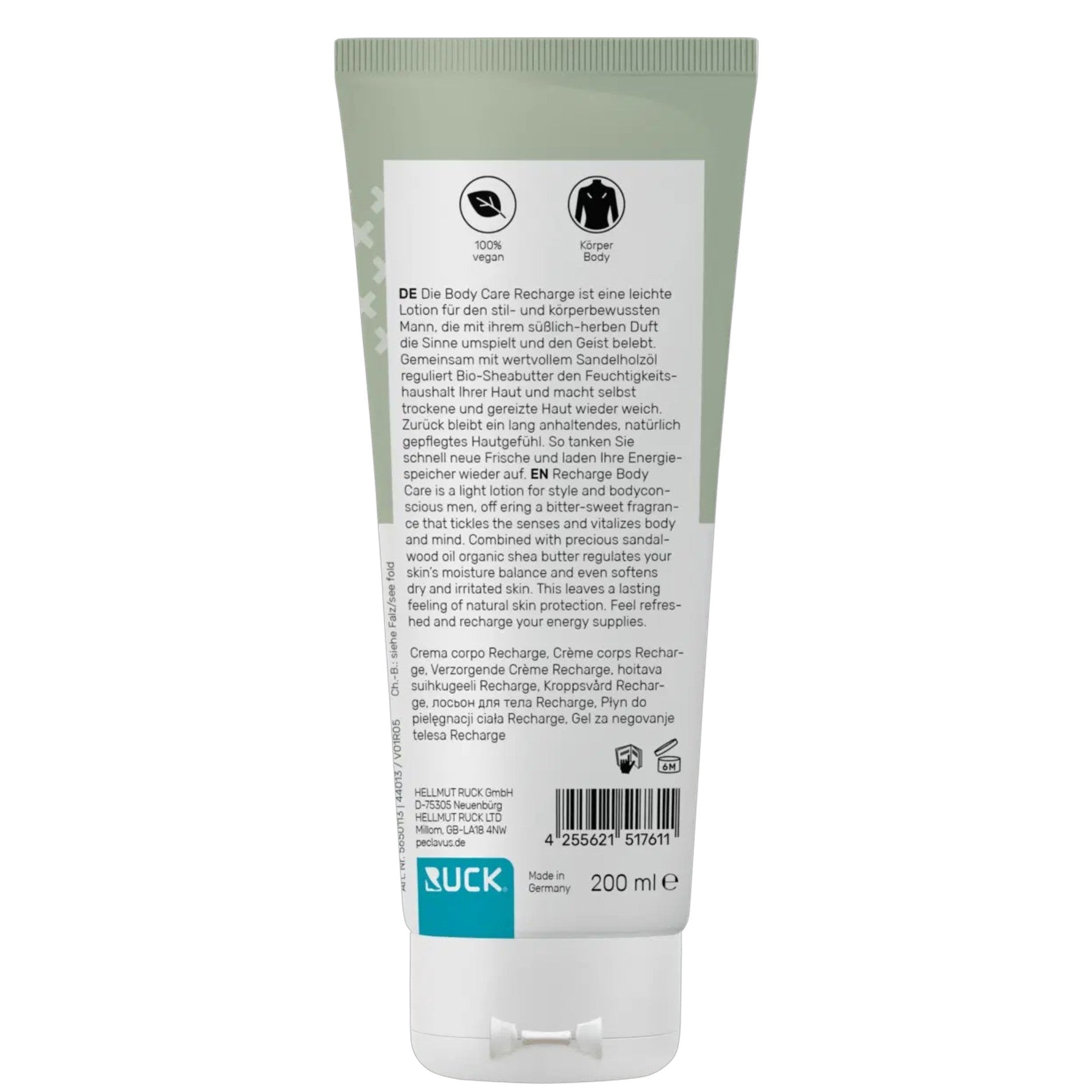 PECLAVUS gentleman Body Care Recharge – NATRUE Naturkosmetik, 200ml, Tube Rückseite
