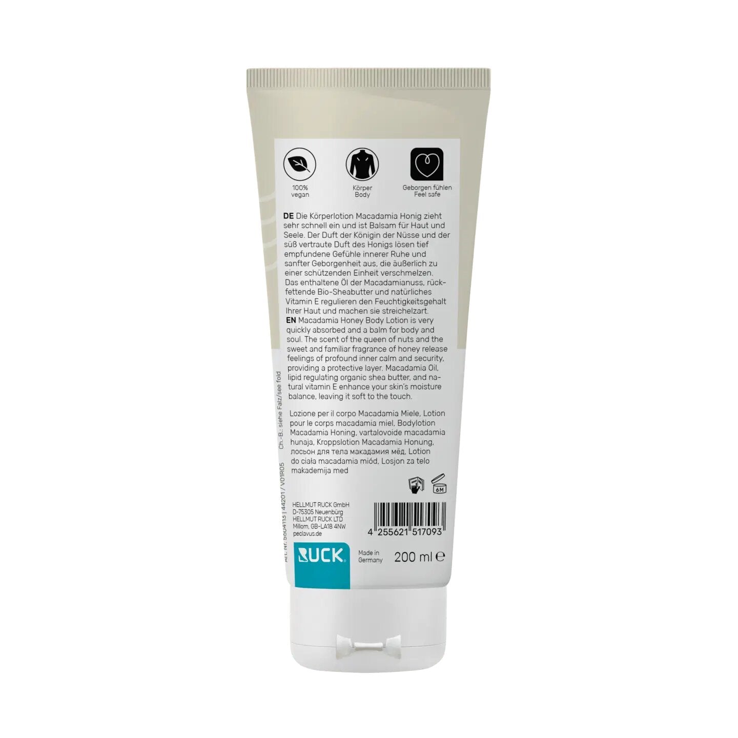 PECLAVUS Körperlotion Macadamia Honig , 200ml, Tube Rückseite