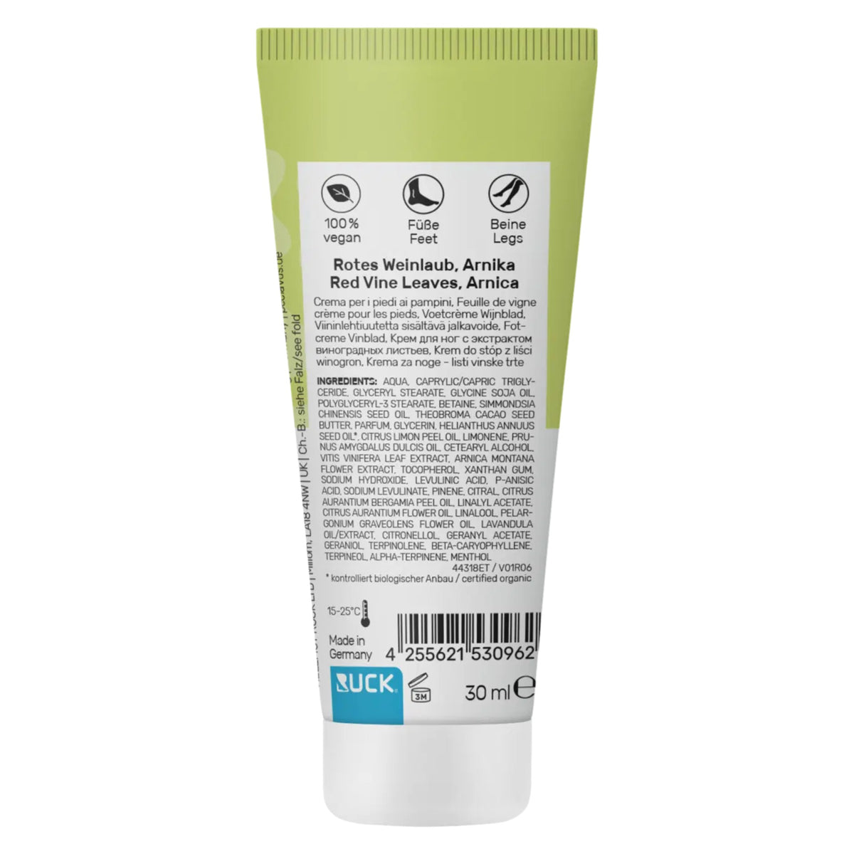 PECLAVUS PODOcare Fußcreme Weinlaub – für müde Füße, 30ml, Tube Rückseite