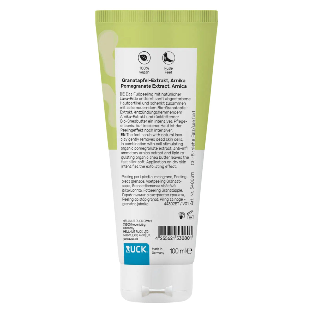 PECLAVUS PODOcare Fußpeeling Granatapfel – für regenerationsbedürftige Haut, 100ml, Tube Rückseite
