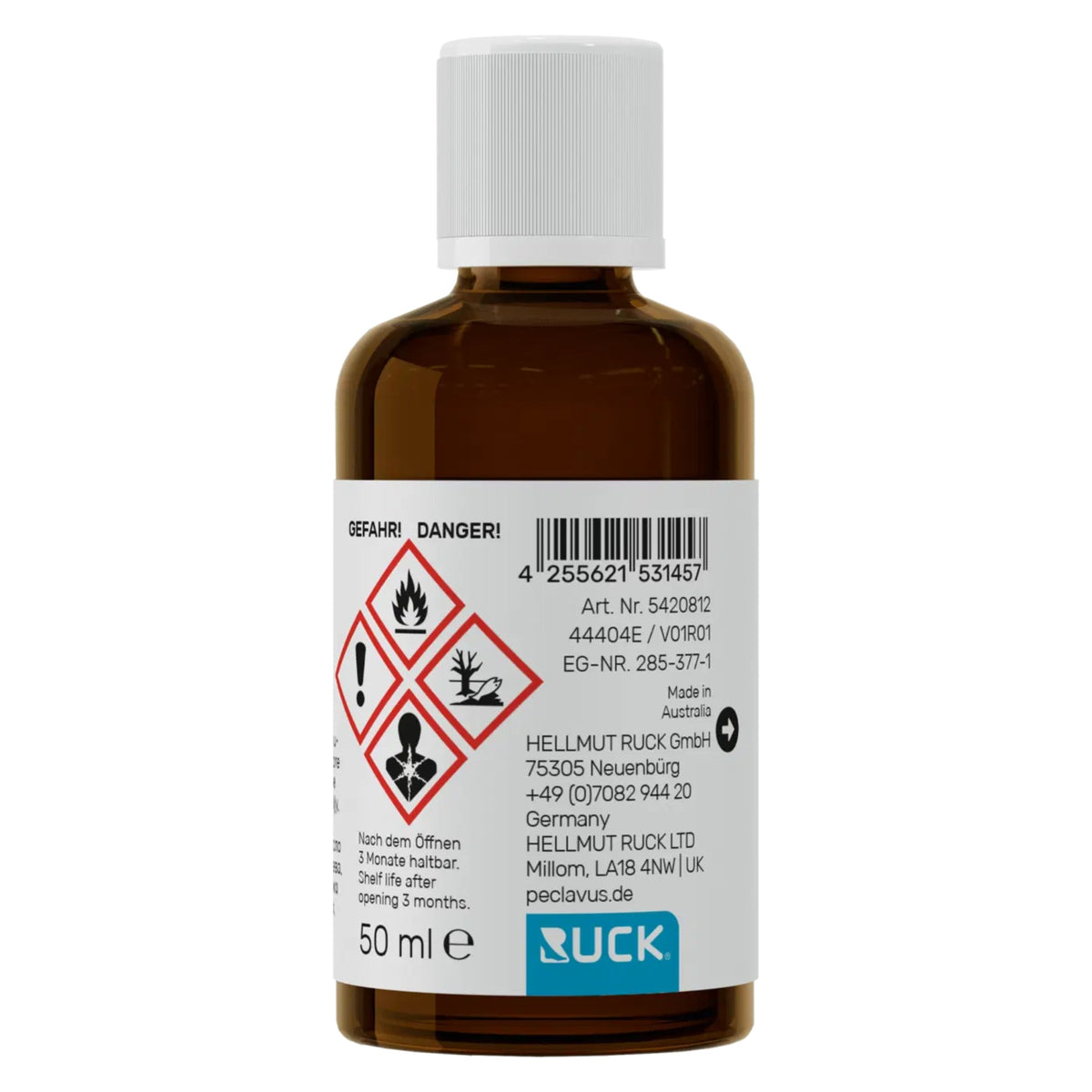 PECLAVUS PODOmed Teebaumöl  – 100 % naturrein aus Australien, 50ml, Flasche Rückseite