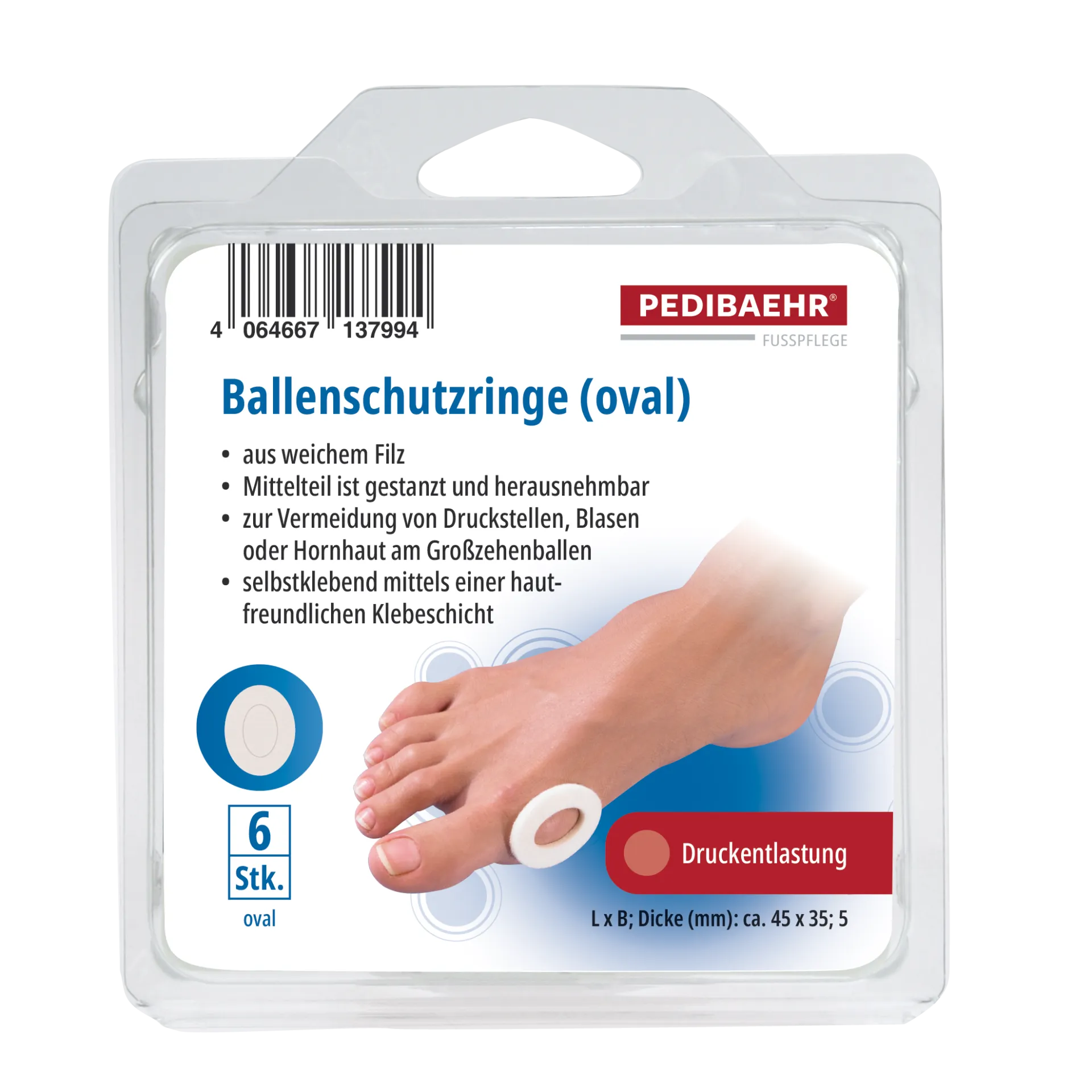 PEDIBAEHR Ballenschutzringe oval – Druckschutz für den Großzehenballen, 6stk, Verpackung