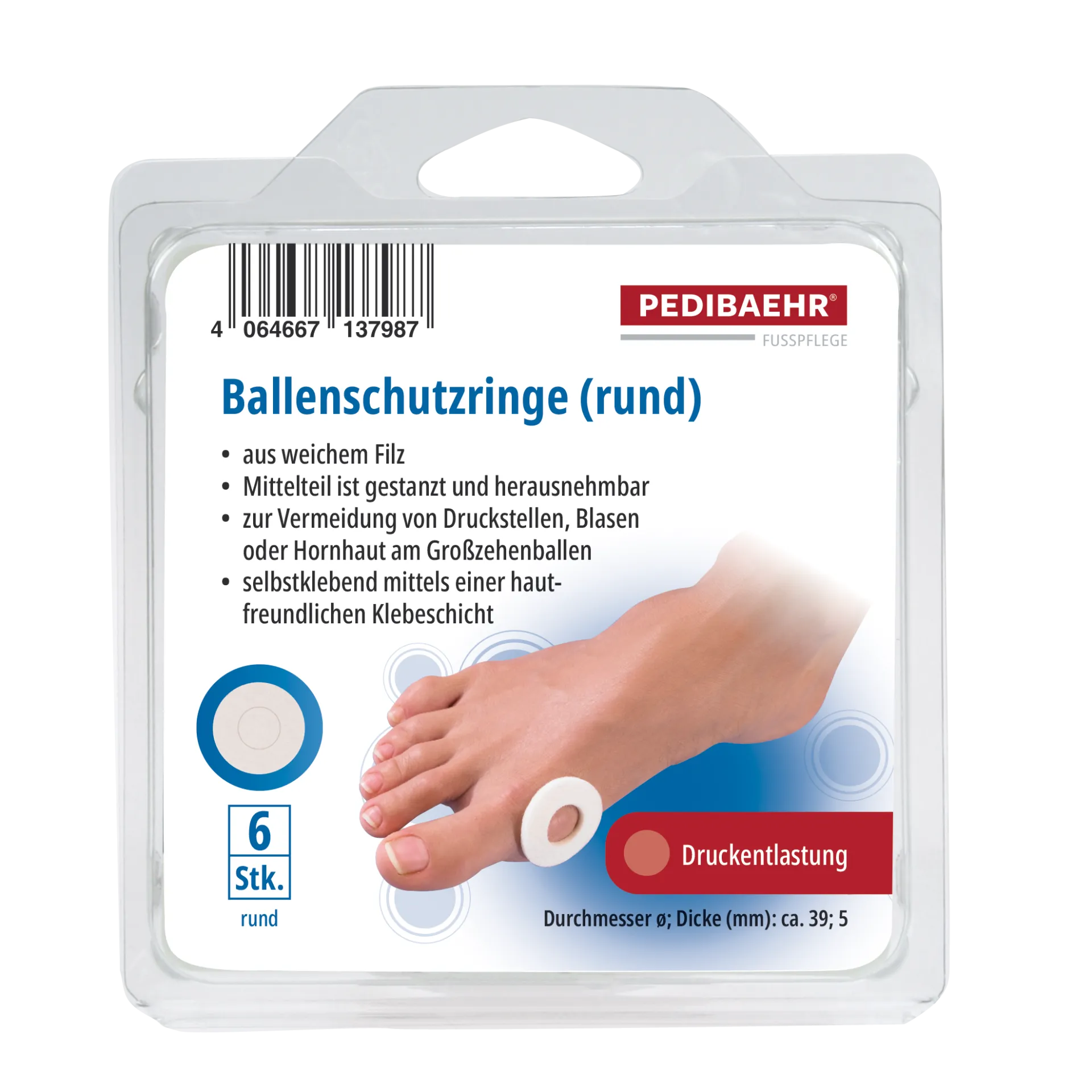 PEDIBAEHR Ballenschutzringe rund – Weiche Filzpolster für Druckschutz, 6stk, Verpackung