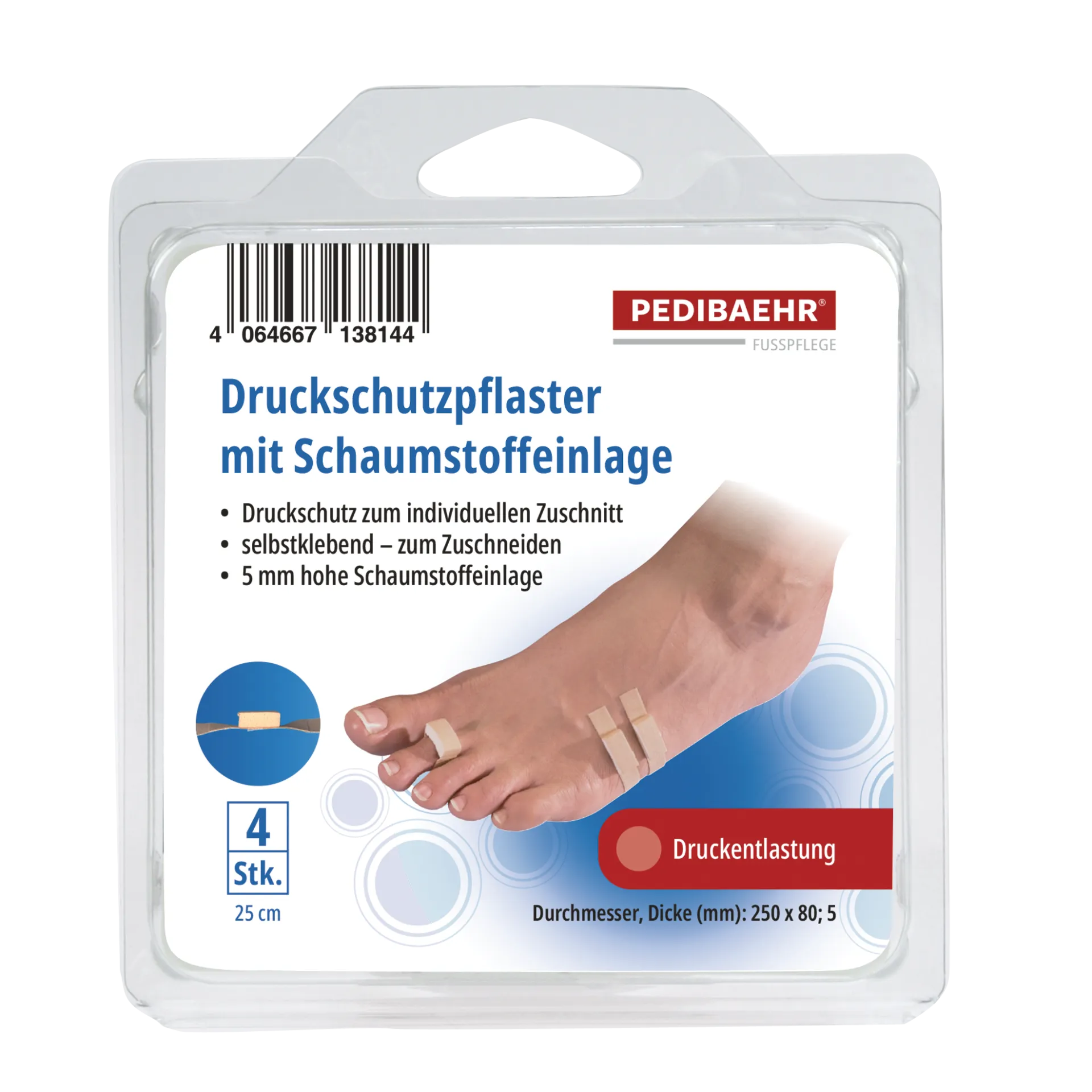 PEDIBAEHR Druckschutzpflaster mit Schaumstoffeinlage, 1 Pack (4 Stk.), Verpackung