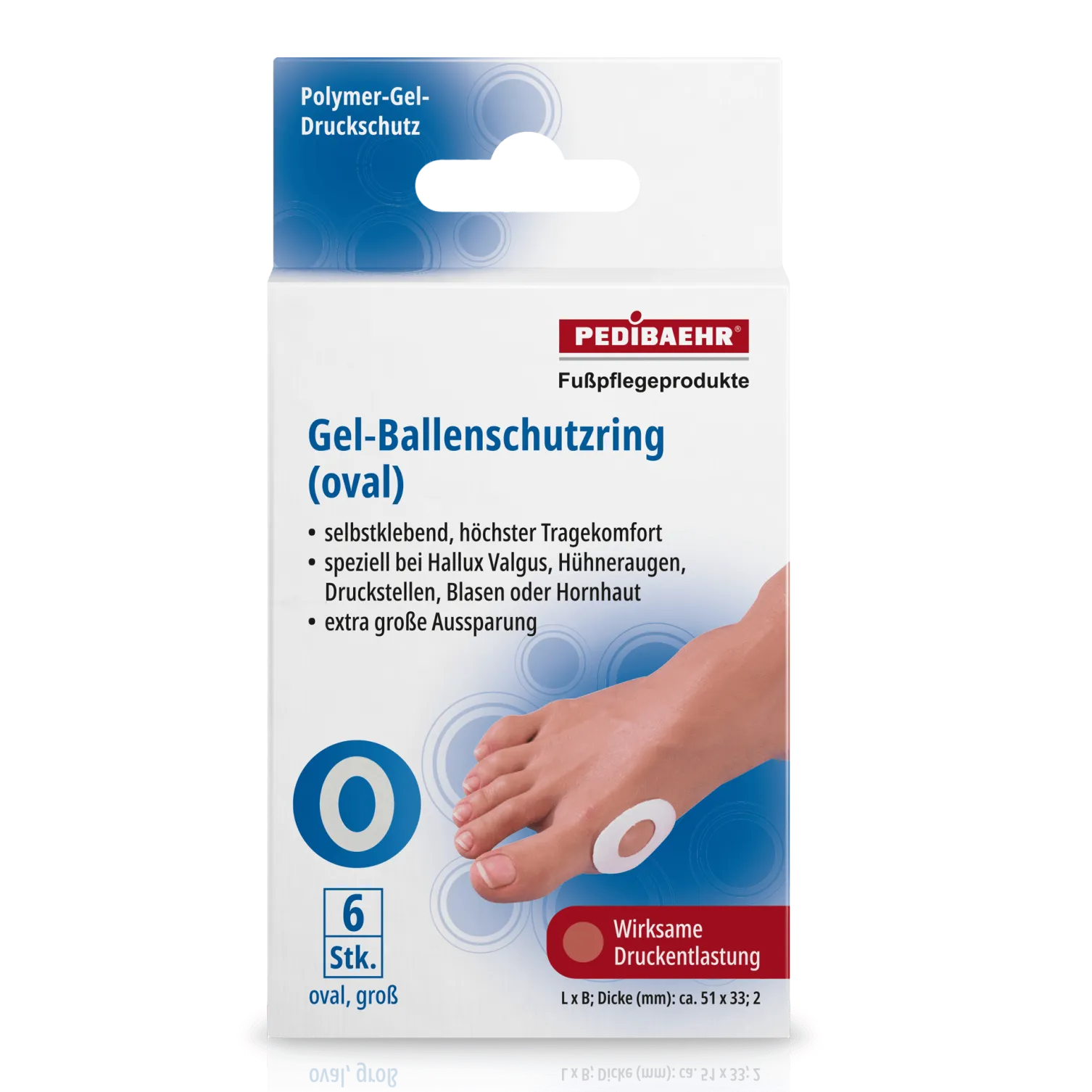 PEDIBAEHR Gel-Ballenschutzringe, groß, 1 Pack 6 Stück, oval Verpackung