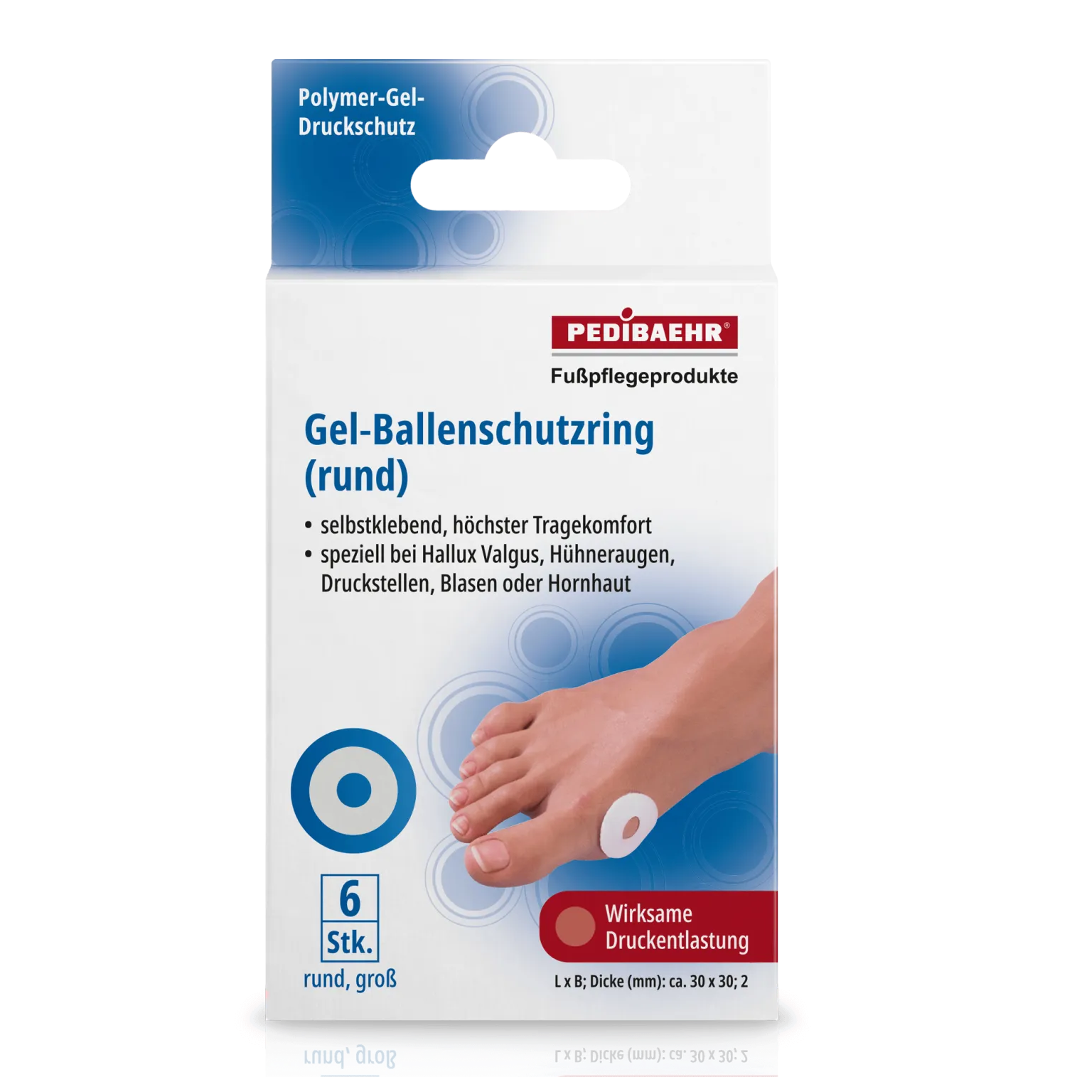PEDIBAEHR Gel-Ballenschutzringe, groß, 1 Pack 6 Stück, rund Verpackung