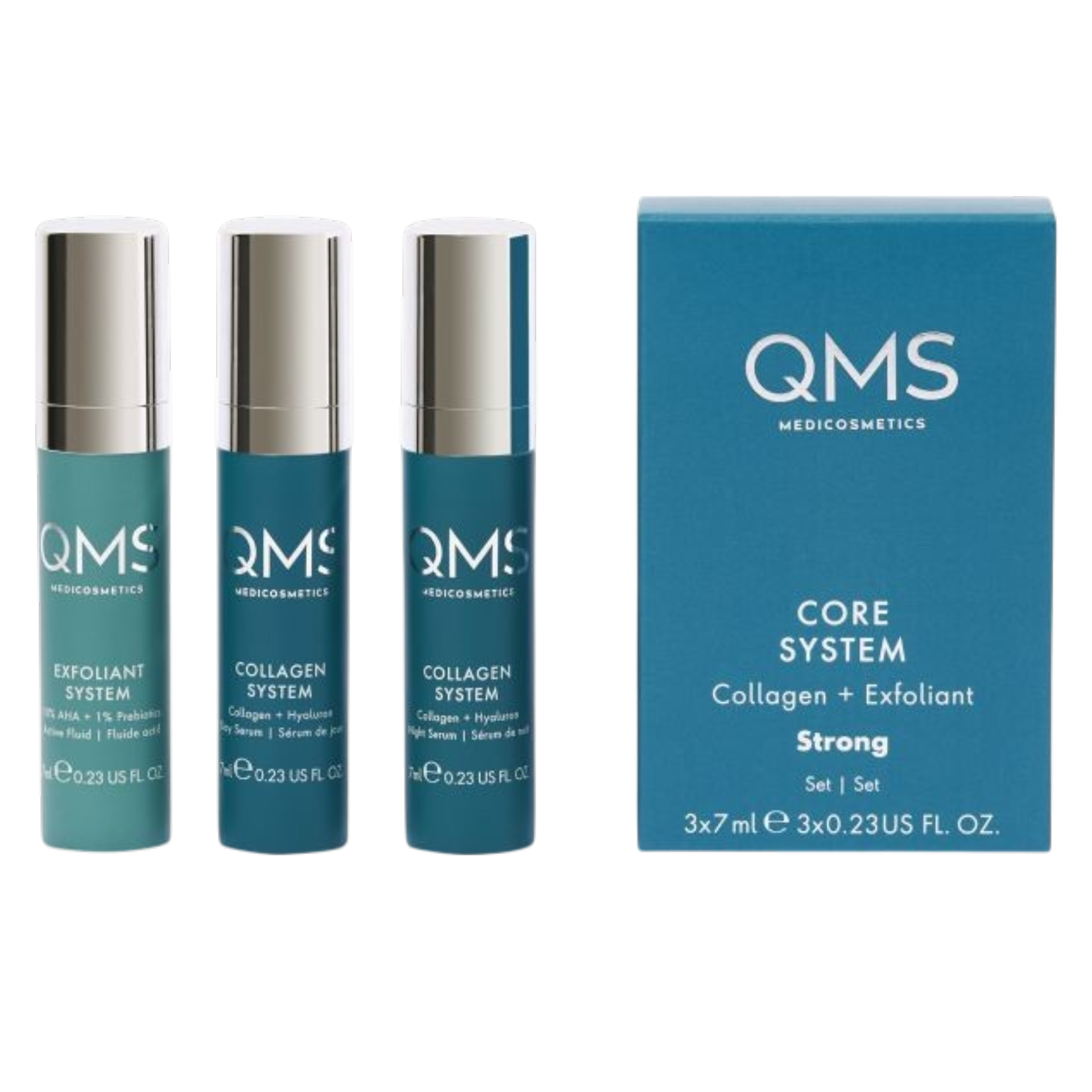 QMS CORE SYSTEM Collagen + Exfoliant Set Stron – Reisegröße, 3x7ml, Spender und Umkarton