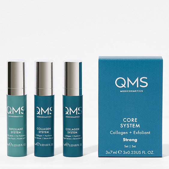QMS CORE SYSTEM Collagen + Exfoliant Set Strong  – Anti-Aging Pflege-Routine, 3x7ml, Spender und Umkarton