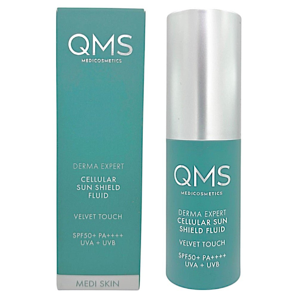 QMS Derma Expert Cellular Sun Shield Velvet Touch SPF50+ – Sonnenschutz, 10ml, Spender und Umverpackung