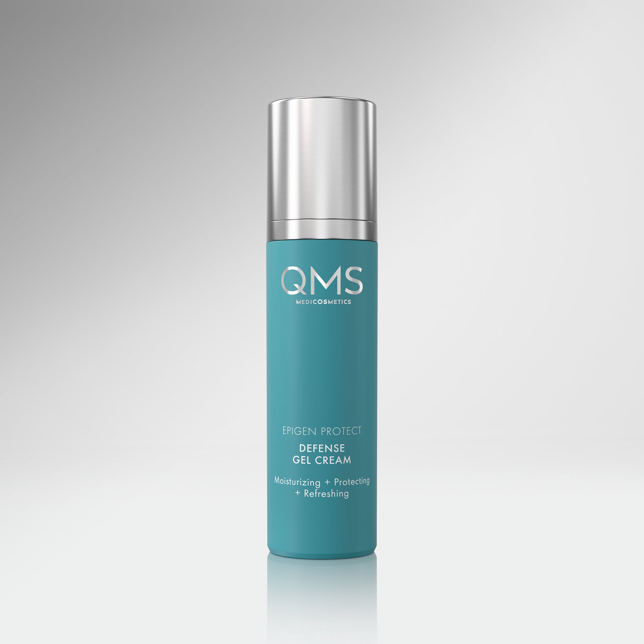 QMS Epigen Protect Defense Gel-Cream  – 50ml, Spender vor grauem Hintergrund