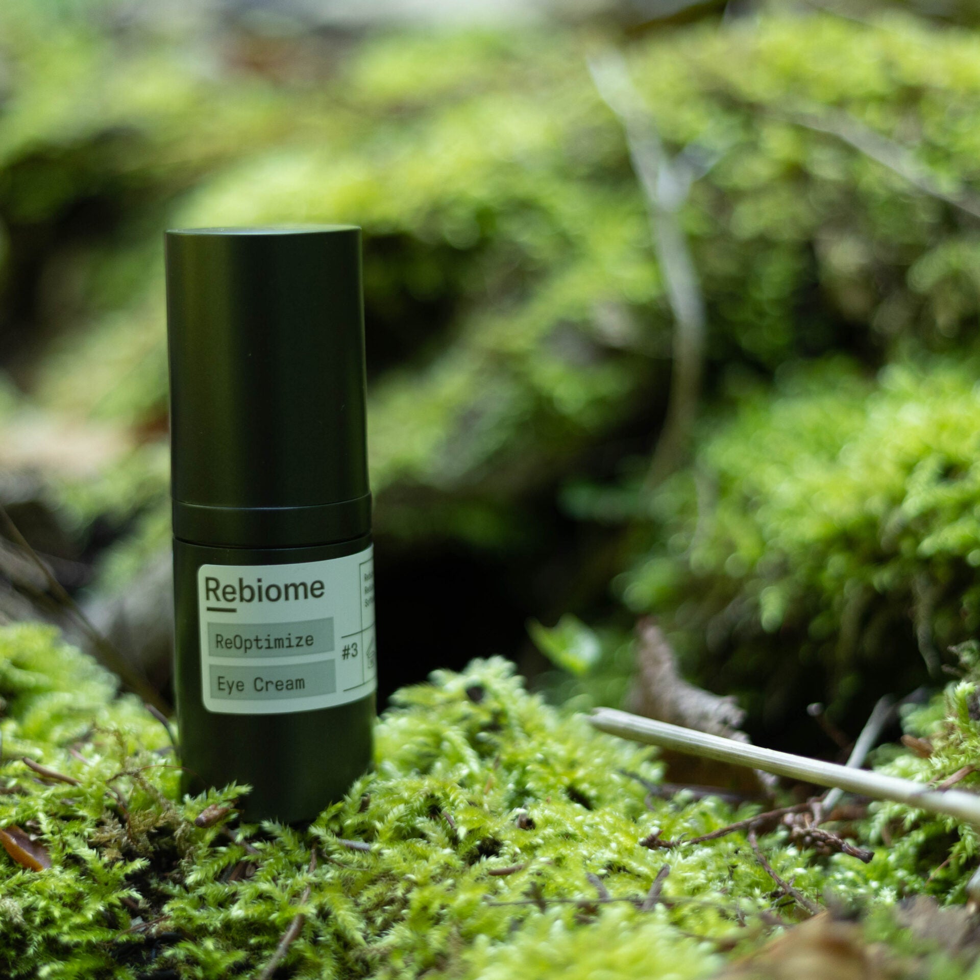 REBIOME ReOptimize Eye Cream – 15ml, Spender auf Moos stehend