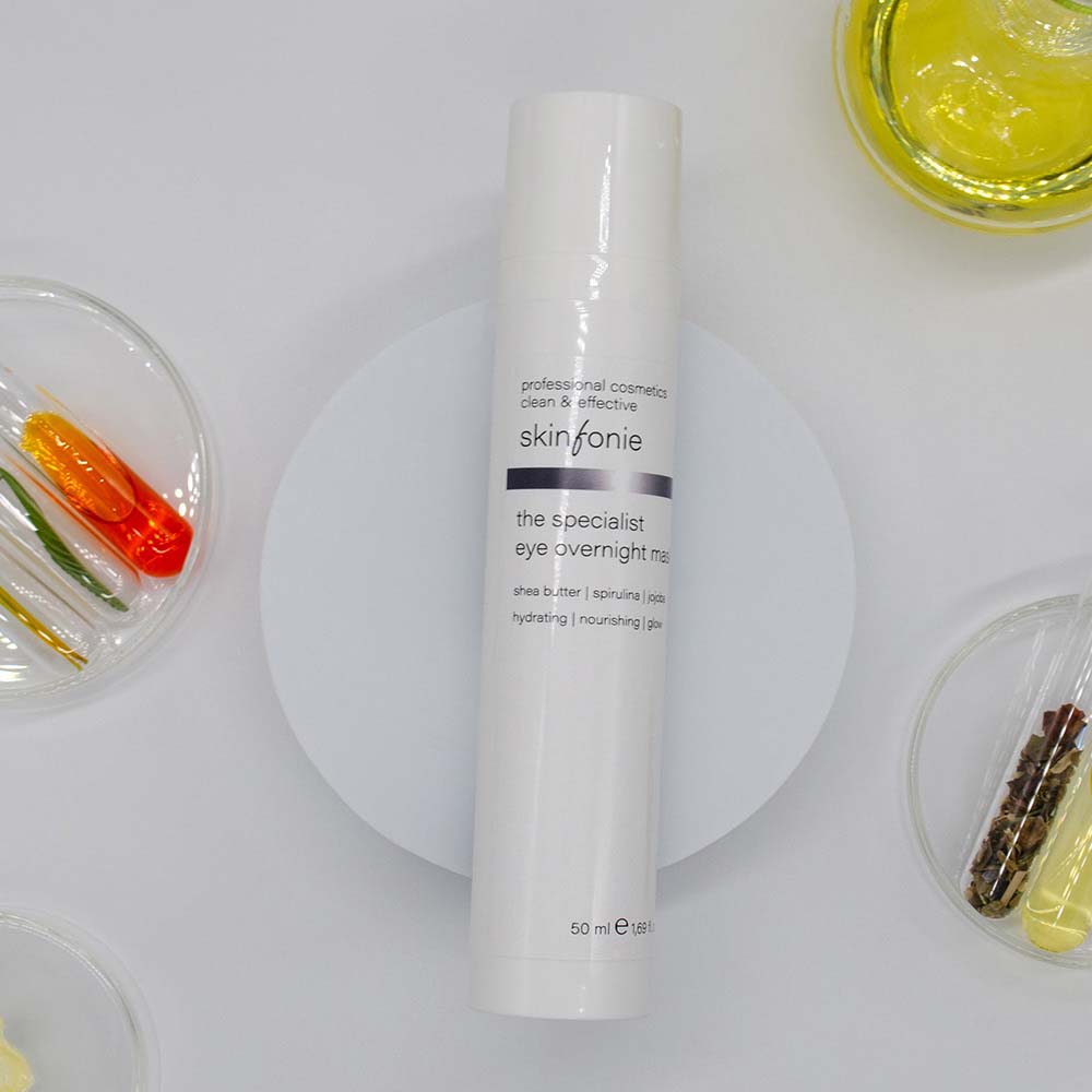 SKINFONIE the specialist eye overnight mask  – 50ml, Pumpspender liegend mit Reagenzgläsern