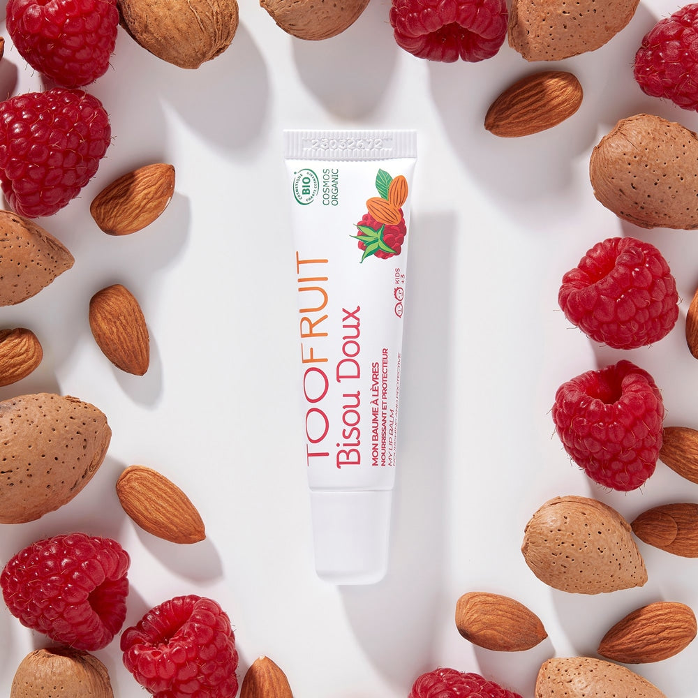TOOFRUIT Bisou Doux Lippenbalsam – 10ml, Tube mit Mandeln und Himbeeren