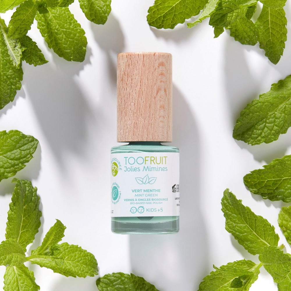 TOOFRUIT Nagellack Minze – 10ml, Pinzelflasche mit Minzblättern