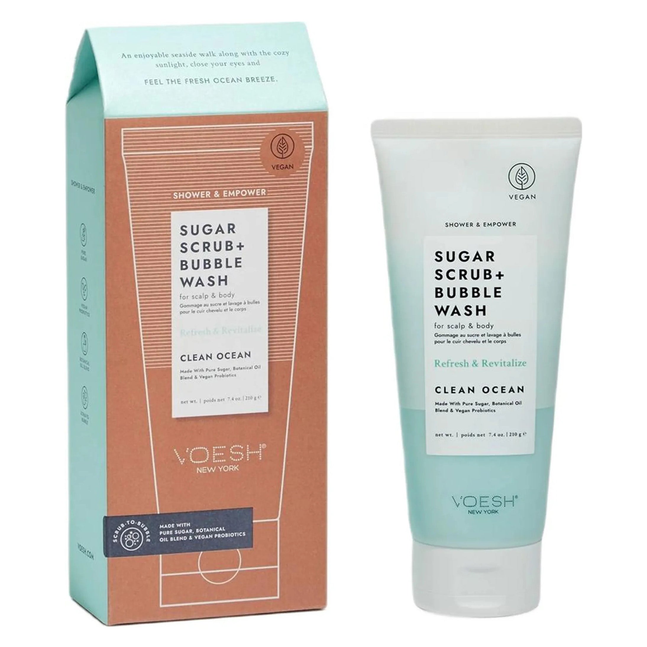 VOESH VOESH Sugar Scrub + Bubble Wash For Scalp and Body - Clean Ocean, 210g, Tube und Umkarton