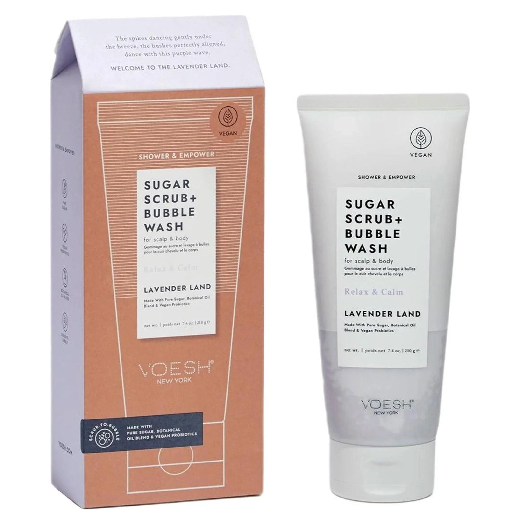 VOESH VOESH Sugar Scrub + Bubble Wash For Scalp and Body - Lavender Land, 210g, Tube und Umkarton
