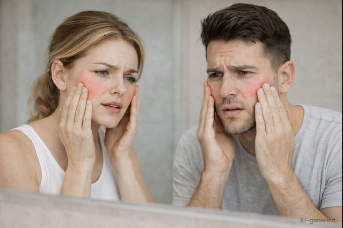 Mann und Frau betrachten gerötete, empfindliche Gesichtshaut im Spiegel – typisches Hautbild bei Couperose und Rosacea