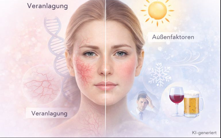 Grafische Darstellung der Ursachen von Couperose und Rosacea mit innerer Veranlagung und äußeren Auslösern wie Sonne, Kälte, Stress und Alkohol
