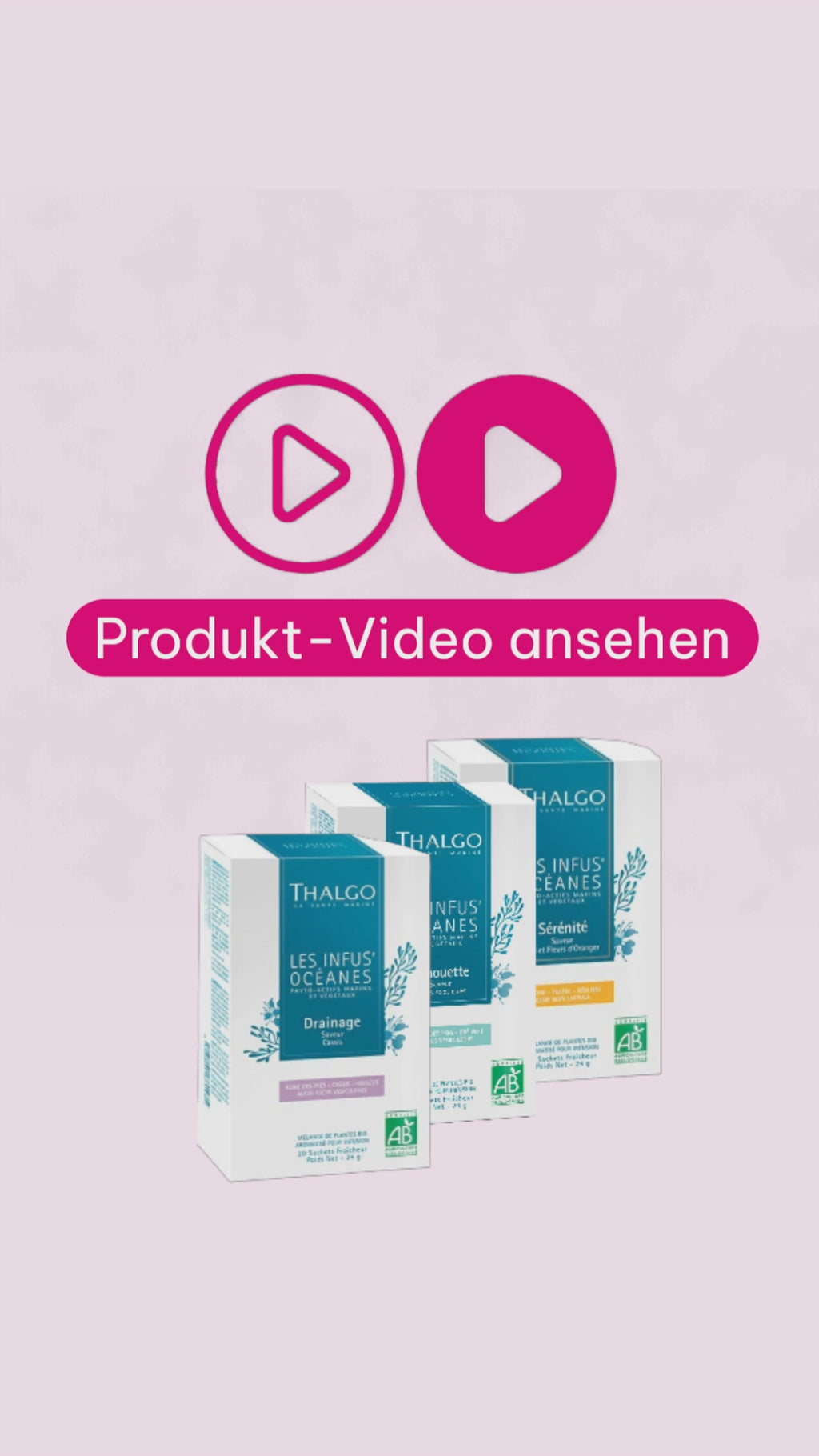 Drei Packungen der THALGO Les Infus'Océanes Bio-Kräutertees stehen nebeneinander. Die Sorten Drainage, Silhouette und Beruhigung unterscheiden sich in ihrer pflanzlichen und maritimen Rezeptur und begleiten unterschiedliche Bedürfnisse – von bewussten Ernährungsphasen über einen aktiven Lebensstil bis hin zu Momenten der Entspannung und des inneren Ausgleichs.